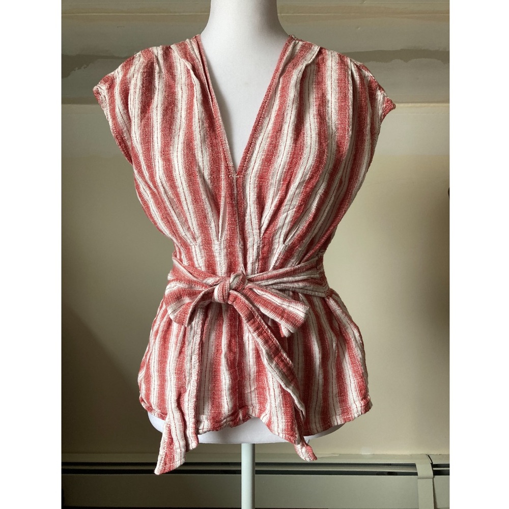 Max Studio Red and White Striped Tie-Waist Blouse